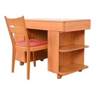 Heywood Wakefield Mid-Century Modern Maple Desk With Built-in Bookcase and Chair, 1950s For Sale