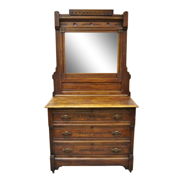 Antique American Eastlake Victorian Walnut 3 Drawer Dresser Chest With