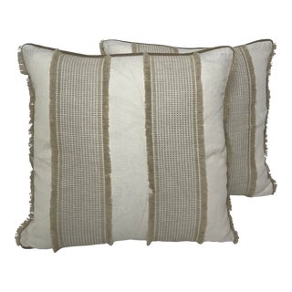 Fabricut Beige Striped Burlap Pillows - Pair For Sale