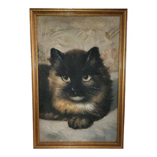 Mid 19th Century Tortoiseshell Cat Oil Painting For Sale