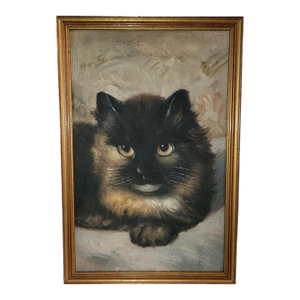 Mid 19th Century Tortoiseshell Cat Oil Painting