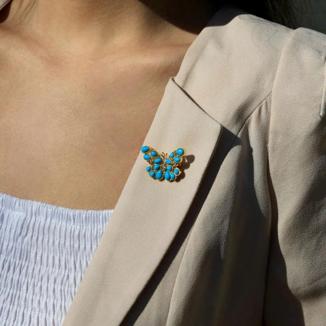 Nina Zhou Butterfly Turquoise Diamond Brooch in 14k Yellow Gold For Sale In Los Angeles - Image 6 of 6