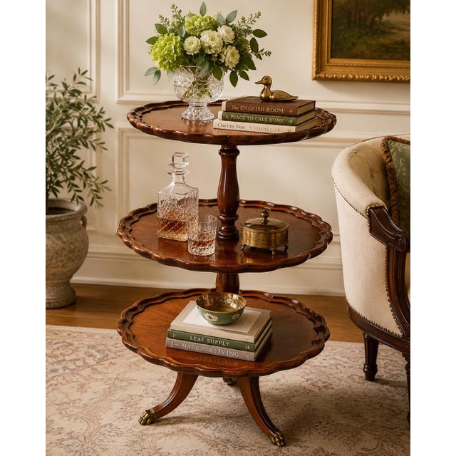 Elegant and beautifully crafted, this vintage three-tier dumbwaiter, also known as a pie table, is an exceptional example...