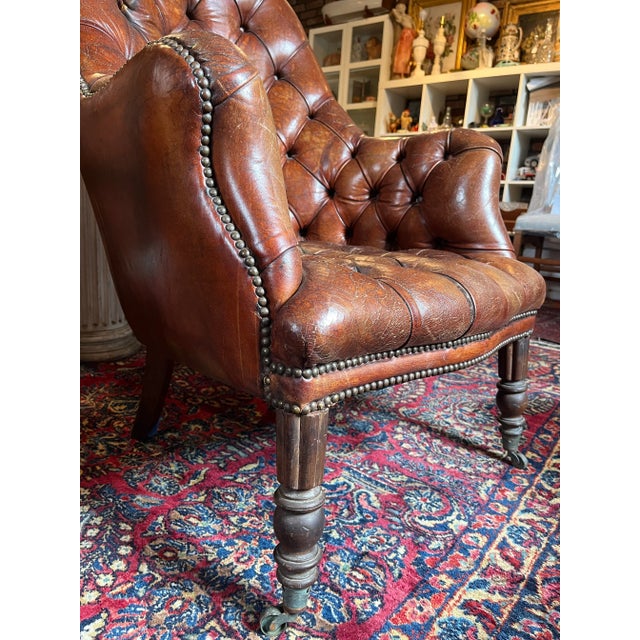 1920s Antique English Tufted Leather Library Chair For Sale - Image 11 of 11