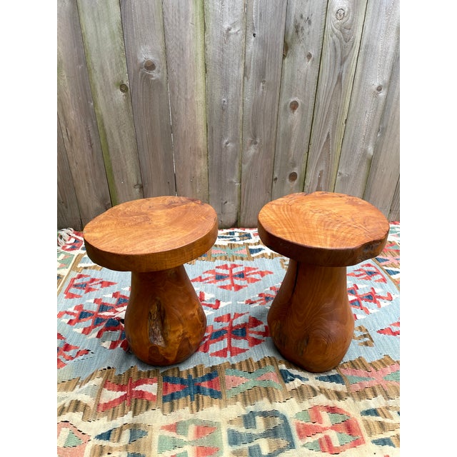 Mid 20th Century Mid 20th Century Rustic Solid Teak Wood Mushroom Tables - a Pair For Sale - Image 5 of 12