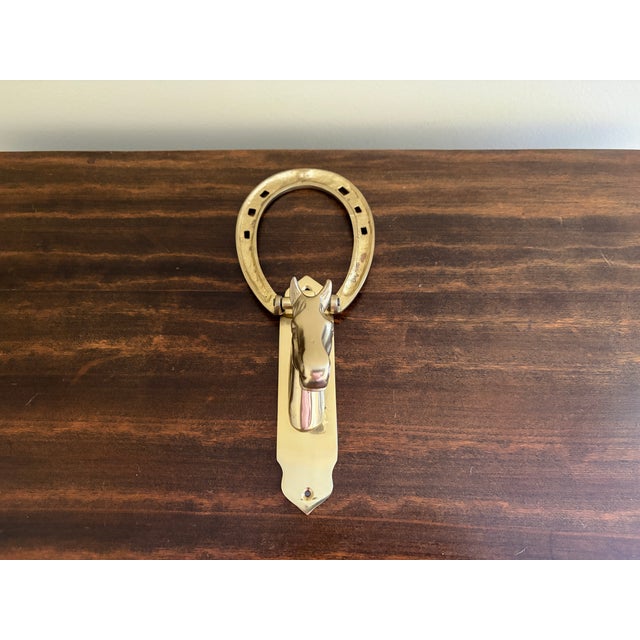 Vintage Equestrian Cast Brass Horse Head Horseshoe Door Knocker For Sale - Image 10 of 11
