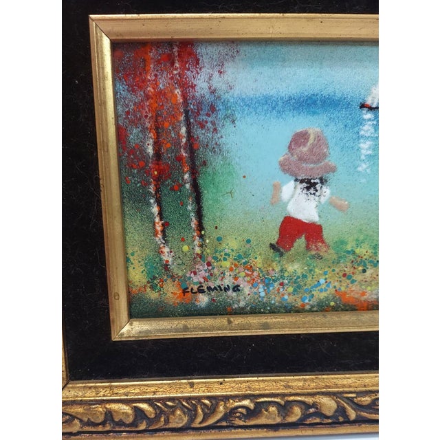 Late 20th Century Fleming Child With Sailboat Painting Enamel on Copper Framed Horizontal For Sale - Image 4 of 8