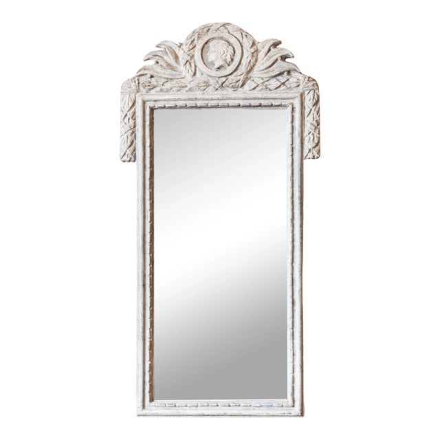 Danish 1800s Gustavian Gray Painted Wood Mirror with Medallion Carved Crest For Sale