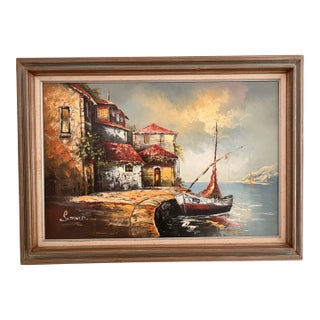 Vintage Mediterranean Harbor Oil Painting in Distressed Wood Frame, Signed S. David For Sale