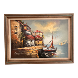Vintage Mediterranean Harbor Oil Painting in Distressed Wood Frame, Signed S. David