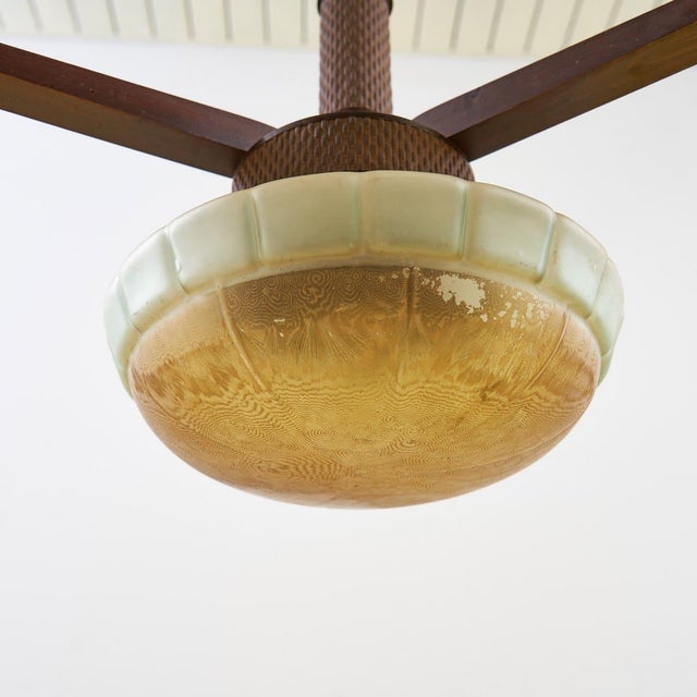 Three-Armed Wooden and Glass Chandelier, 1940s For Sale - Image 6 of 9