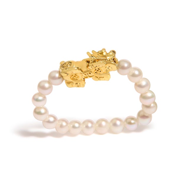 18K Yellow Gold Freshwater Pearl Dragon Charm Adjustable Ring Band, Size 7 For Sale In New York - Image 6 of 6
