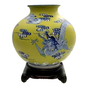 Mid 20th Century Dragon Design Porcelain Vase on Wooden Base Kinkozan Zo Design Oriental Asian Decor
