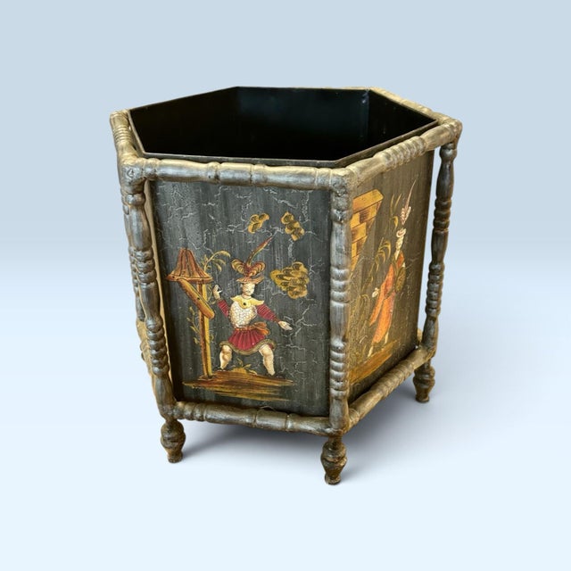 Vintage Metal Chinoiserie Wastebasket For Sale - Image 4 of 10