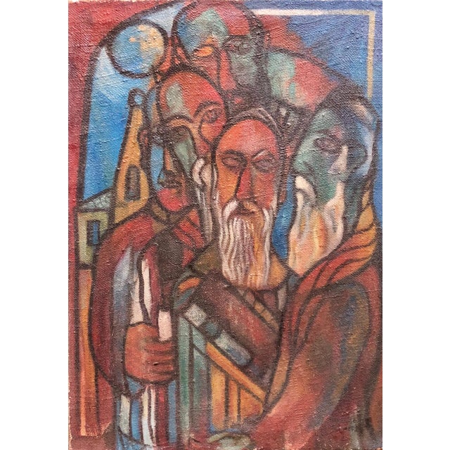 This is a modernist Judaic painting of a Jewish scene of the Kiddush Levanah prayer. The monthly hebrew blessing on the...