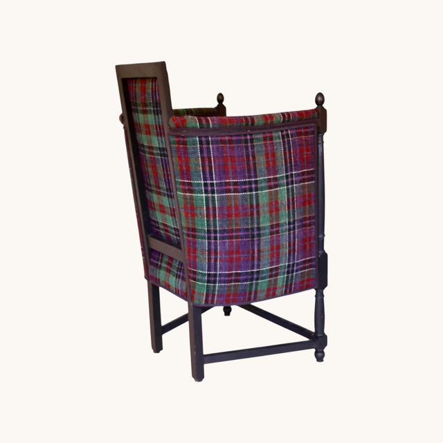 Red Large Antique Armchair with High Armrests in Tartan Fabric, 1890s For Sale - Image 8 of 13