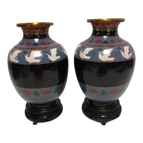Vintage Asian Cloisonne Vases - A Pair For Sale