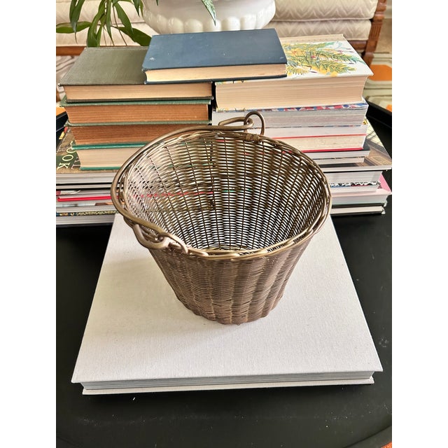 Brass Vintage Solid Brass Woven Basket With Swing Handles For Sale - Image 8 of 12