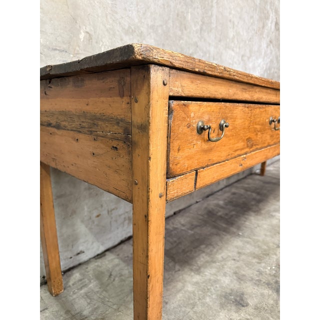 19th C French Draper’s Table Fruitwood Pine 4 Drawer Primitive 90” For Sale - Image 4 of 14