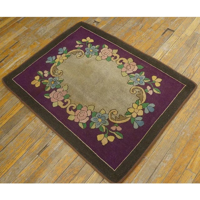 1890s Purple Medallion Floral Handmade Folk Art Antique American Hooked Rug For Sale - Image 4 of 10