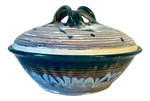 Vintage Artisan Glazed Lidded Pottery Bowl Container Singed
