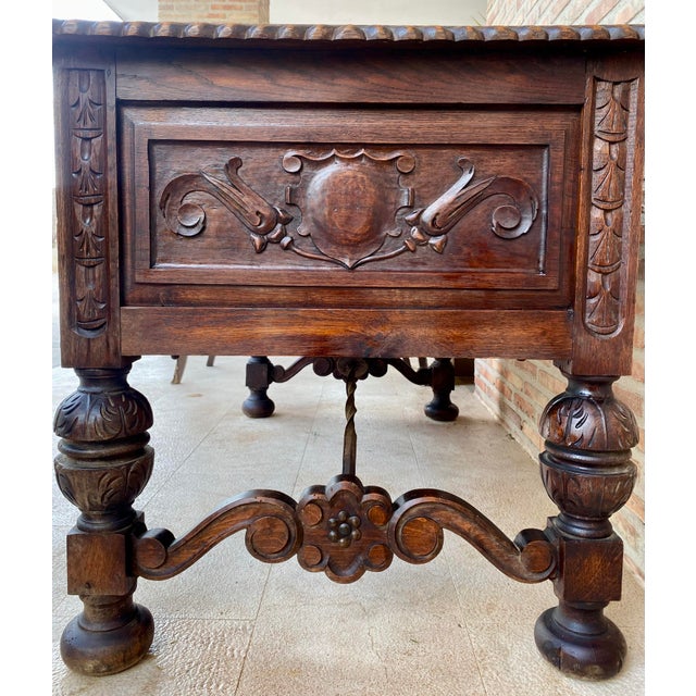 19th Century French Renaissance Hand Carved Desk or Writing Table with Carved Structure and Iron Stretcher For Sale - Image 17 of 18