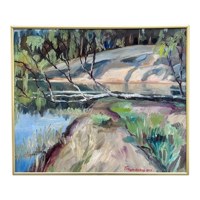 Plein Air Landscape of Swedish Riverbank For Sale