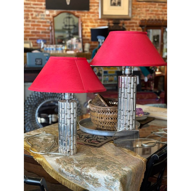 1960s Chrome Faux Bamboo Hollywood Regency Style Table Lamps With Red Shades - a Pair For Sale In Saint Louis - Image 6 of 15
