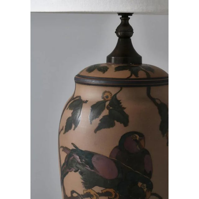 Brown Art Nouveau Ceramic Table Lamp Hand Decorated with Parrots, Denmark, 1930s For Sale - Image 8 of 12