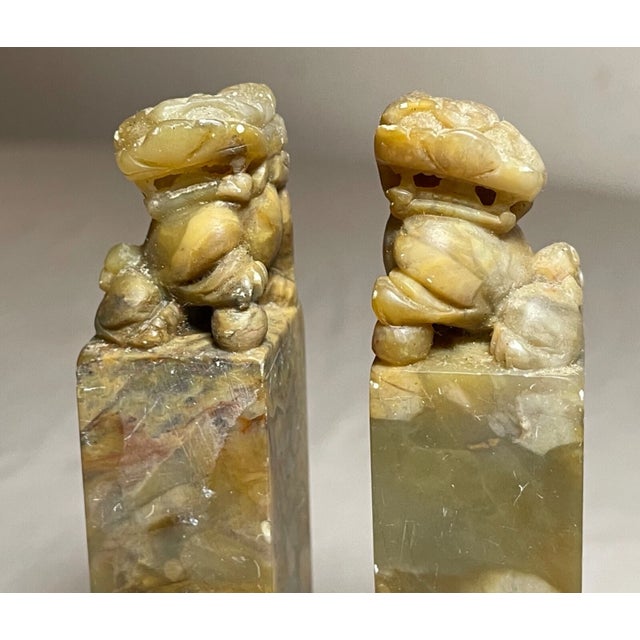 Pair Antique Hand Carved Chinese Hard Stone Chop Seal Block Foo Lion Sculpture For Sale - Image 9 of 13