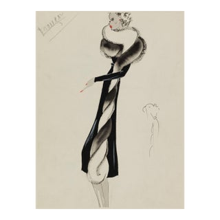 Vintage French Fashion Art Print – Black Fur-Trim Coat Illustration, 18" X 24" For Sale