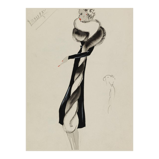 Vintage French Fashion Art Print – Black Fur-Trim Coat Illustration, 18" X 24" For Sale