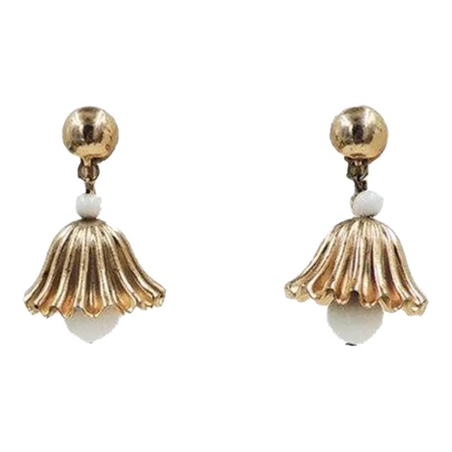 Vintage 1950s Napier White Resin Bell Dangle Clip Earrings - 2 Pieces For Sale