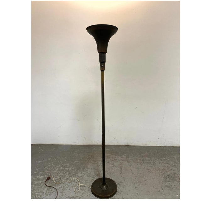 Bronze Bronze Machine Age Art Deco Torchiere Floor Lamp For Sale - Image 8 of 9