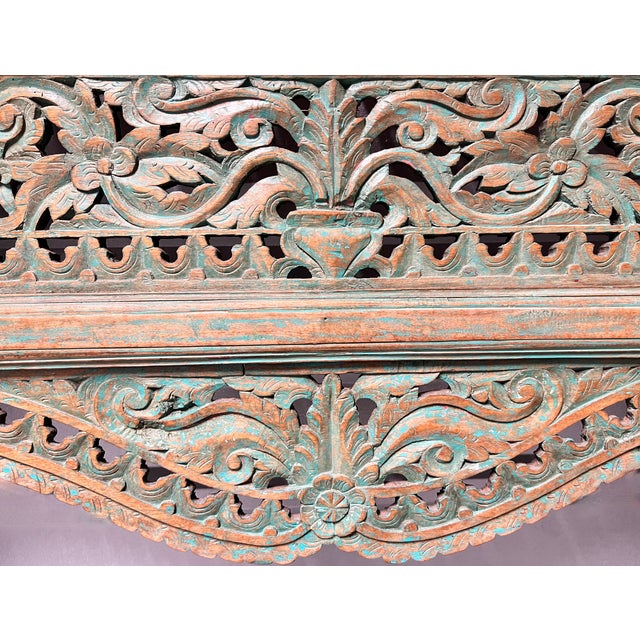Wood Architectural Hand-Carved Indian Arch Panel With Green Patina – Monumental 7 Ft Wall Panel For Sale - Image 7 of 15