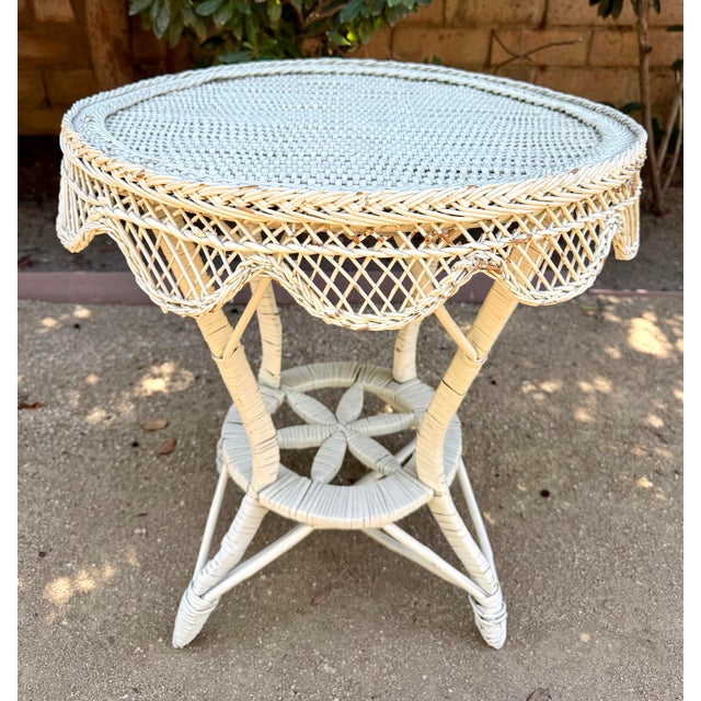 Wood Vintage White Wicker and Rattan Side Table With Scalloped Skirt For Sale - Image 7 of 15