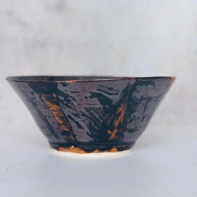 Signed Studio Pottery Bowl | j.a. Ridley 2013 | Drip Glaze Stoneware | Bronze & Black Oil-Spot Glaze | Large Centerpiece Bowl For Sale - Image 11 of 12