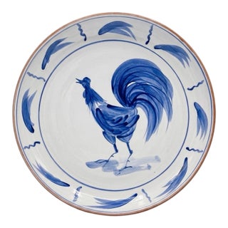 Italian Hand-Painted Blue Rooster Ceramic Serving Bowl For Sale