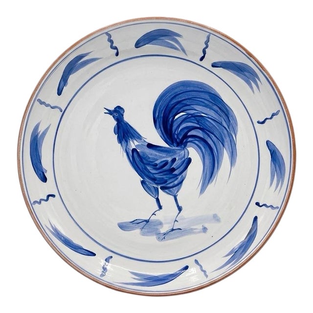 Italian Hand-Painted Blue Rooster Ceramic Serving Bowl For Sale