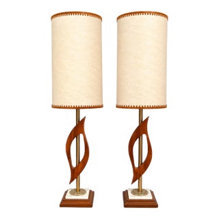 1960s Mid-Century Modern Sculptural Walnut & Brass Table Lamps, Pair For Sale