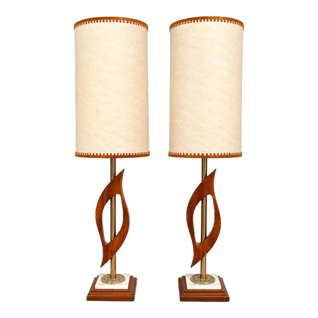 1960s Mid-Century Modern Sculptural Walnut & Brass Table Lamps, Pair For Sale