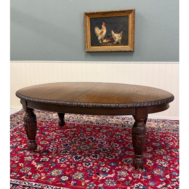 Antique English Butterfly Leaf Oval Carved Dining Table 118" Tiger Oak C1920-30s For Sale - Image 17 of 17