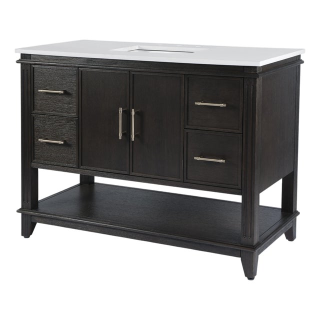Reece 48 in. W Wood & Quartz Single Sink Bathroom Vanity, Dark Roast Coffee Wire Brushed For Sale