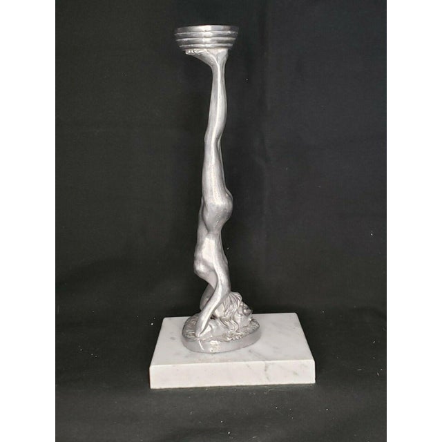 1980s Vintage Art Nouveau Nude Head Stand Metal Sculpture on Marble Stand / Ring Caddy For Sale - Image 4 of 11