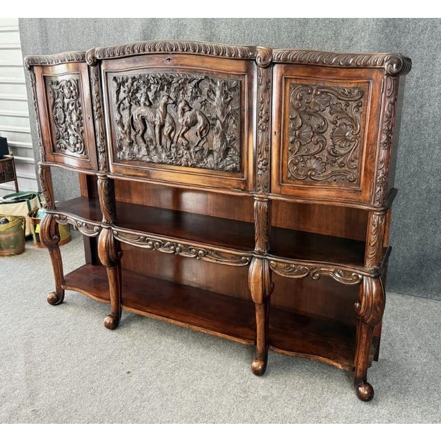 English 19th Century Heavily Carved Continental Drop-Front Bar With Greyhound Motif For Sale - Image 3 of 14