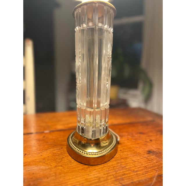 1960s Mid 20th Century Signed Dresden Cut Crystal & Brass Cylinder Table Lamp - With Shade For Sale - Image 5 of 11
