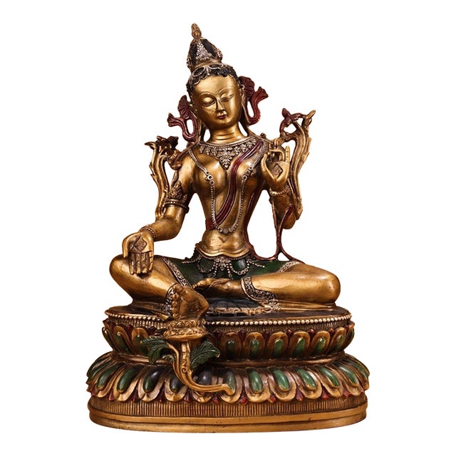 Large Vintage Gilt Bronze Green Tara Statue - Tibetan Himalayan Buddhist Sculpture For Sale