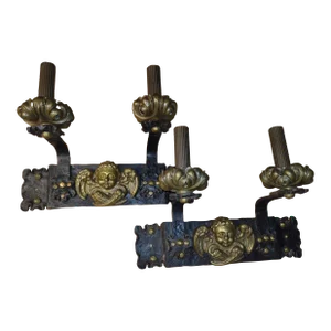 Pair of 19th Century Cast Iron & Bronze Baroque Style Candle Wall Sconces