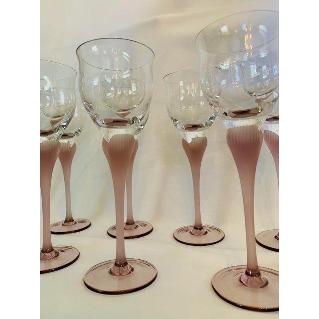 Vintage Frosted Dusty Rose-Color Stem Deco-Style Wine Glasses- Set of 9 For Sale - Image 9 of 13