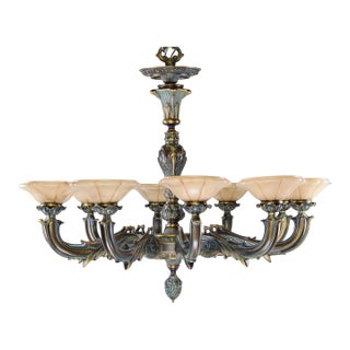 Large Spanish Alabaster Globe Chandelier 10-Light Solid Bronze 40" W For Sale